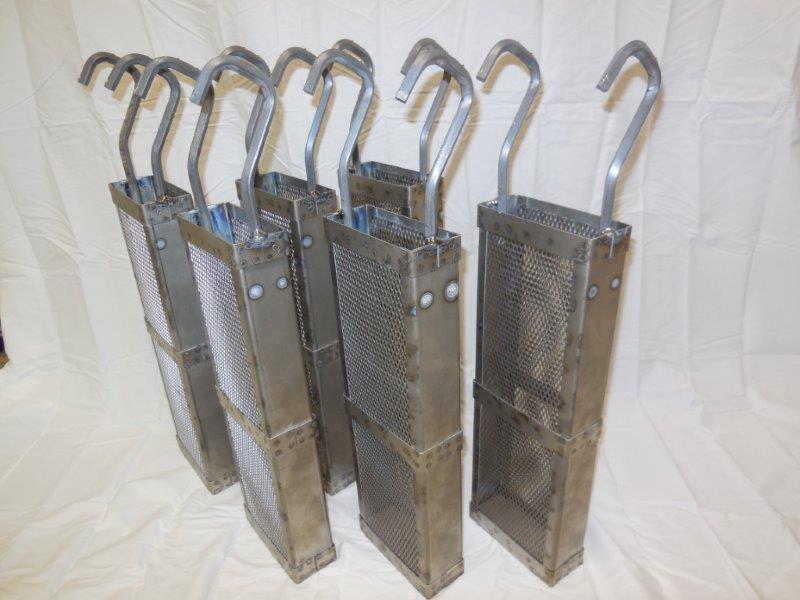 American Metal and Coil Works titanium anode baskets with hook hangers for plating tank installation